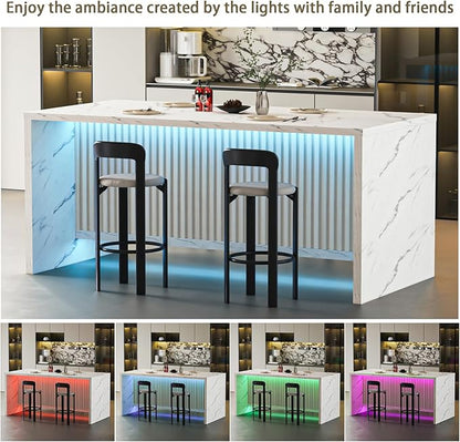 Faux Marble Dining Table, 70.9" Large Island Table with LED Lights for 4-6 People, Modern Marble Kitchen Dining Table with Grille Design for Dining Room, Living Room, White