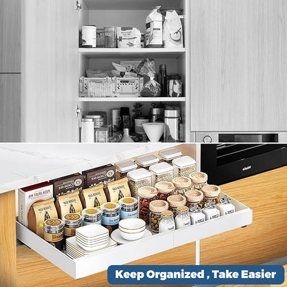 Pull-out Cabinet Organizer, ExpandableHeavy Duty Slide out Drawers Fixed with Adhesive Nano Film for Pots, Roll out Shelf Storage for Kitchen Base Cabinet Organization