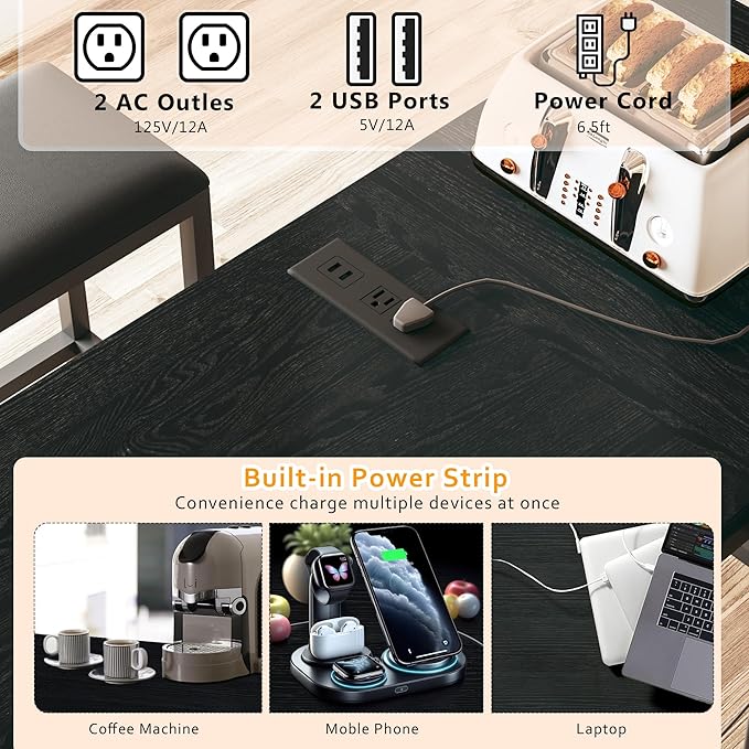 HUAHUU Bar Table and Chairs Set for 2-4, 63'' Convertible L-Shaped Kitchen Table with Power Outlets, 3 Piece Counter Height Small Dining Table with 2 Stools, Space Saving, Breakfast Nook Corner, Black