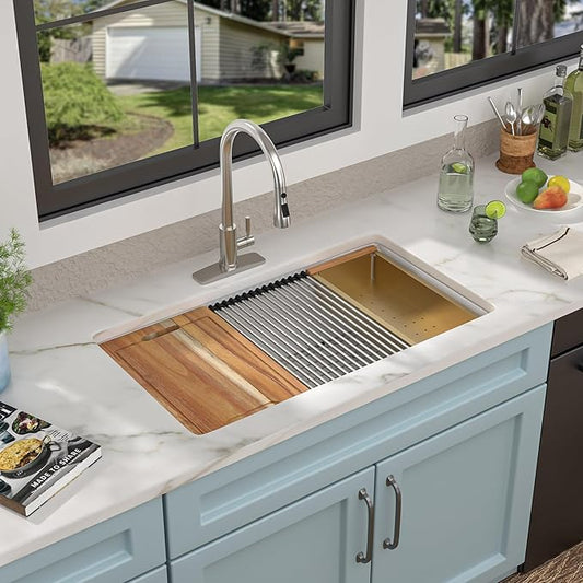 33"x19" Granite Composite Kitchen Sink - White Undermount Ledge Workstation Quartz Classic Luxury Under Counter Single Bowl Sink Basin