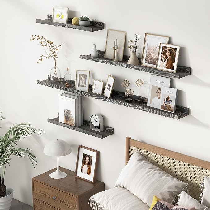 FLYJOE Picture Ledge Wall Shelves - 24 Inch Width Set of 3, Solid Pine Wood Rustic Floating Ledge Shelves for Kids' Room, Bedroom, Kitchen, Bathroom, Living Room, Nursery Display Wall Decor, Grey