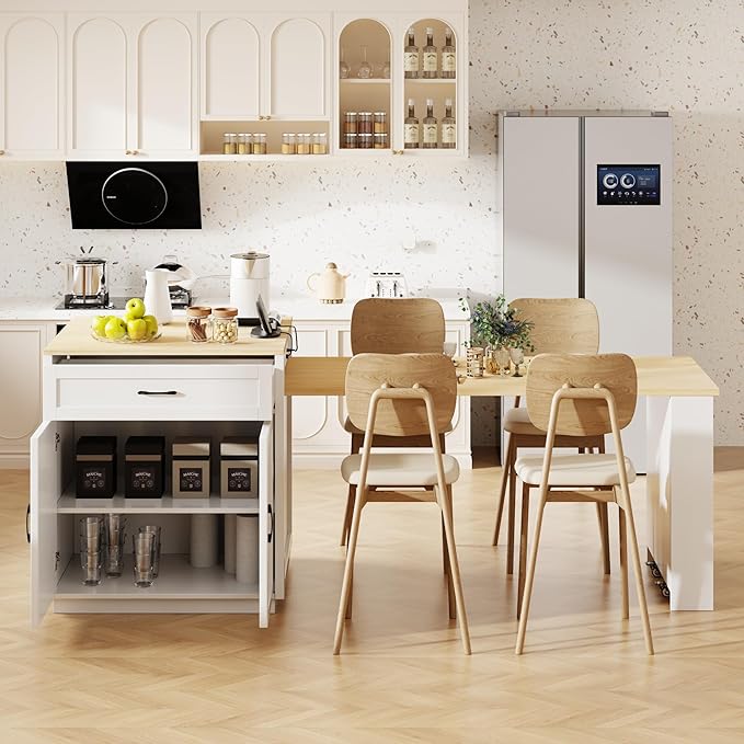 Modern Dining Table 82.7 Inch Kitchen Island with Extendable Table for 4-6 Person, Two-Tone Wood Console with Power Outlet, Counter for Living Room,White-Wood