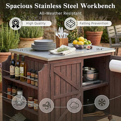 JIJIWANG 42.1" Outdoor Kitchen Island with Stainless Steel Top and Side Shelf, Outdoor Grill Cart with Storage Cabinet and Adjustable Shelves, Kitchen Cart on Wheels for Small Spaces Dark Brown