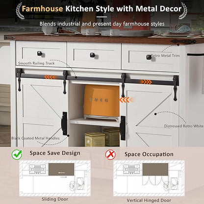 53.7" Farmhouse Kitchen Island with Power Outlet,2 Sliding Barn Door Storage w/Drop Leaf and Spice Rack Rolling Carts on Wheels & Metal Handle,for Home,Dining Room,White