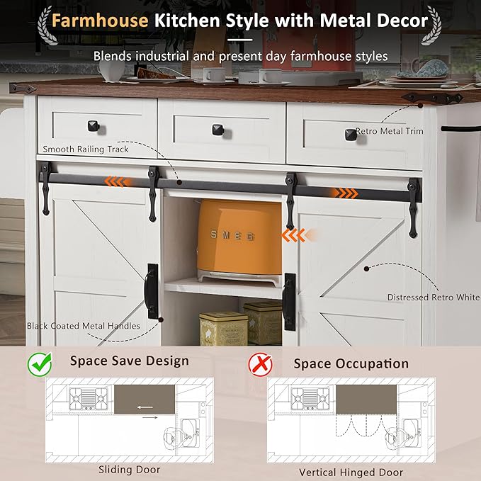 RUNNA Farmhouse Kitchen Island with Power Outlet, 2 Sliding Barn Door Kitchen Storage Island with Drop Leaf, Spice Rack Rolling Kitchen Cart on Wheels, for Home, Kitchen and Dining Room (White~47)