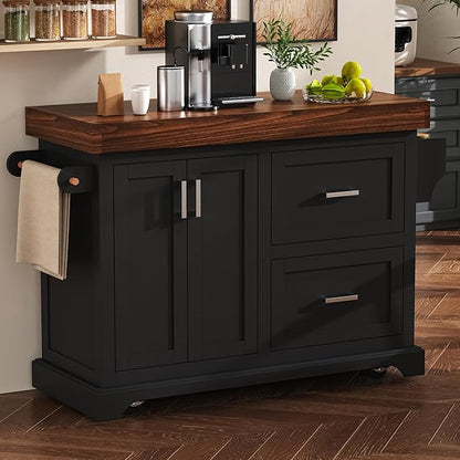 53.25" Large Kitchen Island with Storage on Wheels and 2 Extra-large Drawers, Rolling kitchen Island with Spice Rack and Towel Rack, Mobile Dining Table with 3.5" Thick Desktop and Cabinet Black
