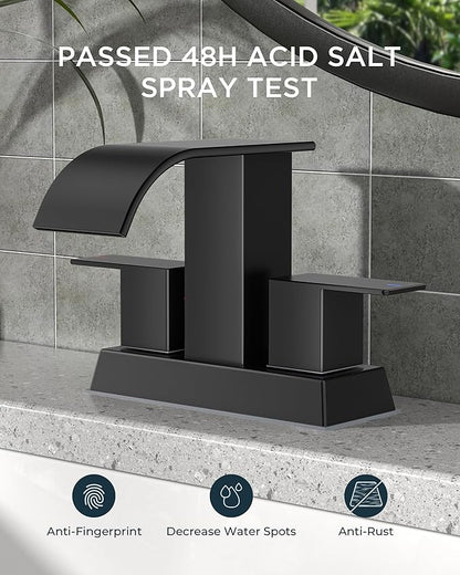 FORIOUS 4 Inch Centerset Matte Black Bathroom Faucet, 2 or 3 Hole Waterfall Square Bathroom Sink Faucet with Metal Pop-up Drain and Supply Lines, Two Handles for Vanity, Lavatory Room, Pedestal