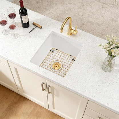White Bar Sink 18 x 14 Inch, White Granite Composite Undermount Kitchen Sinks, 18 Inch Quartz Stone Kitchen Sink With Gold Sink Drain Assembly and Gold Sink Bottom Grid
