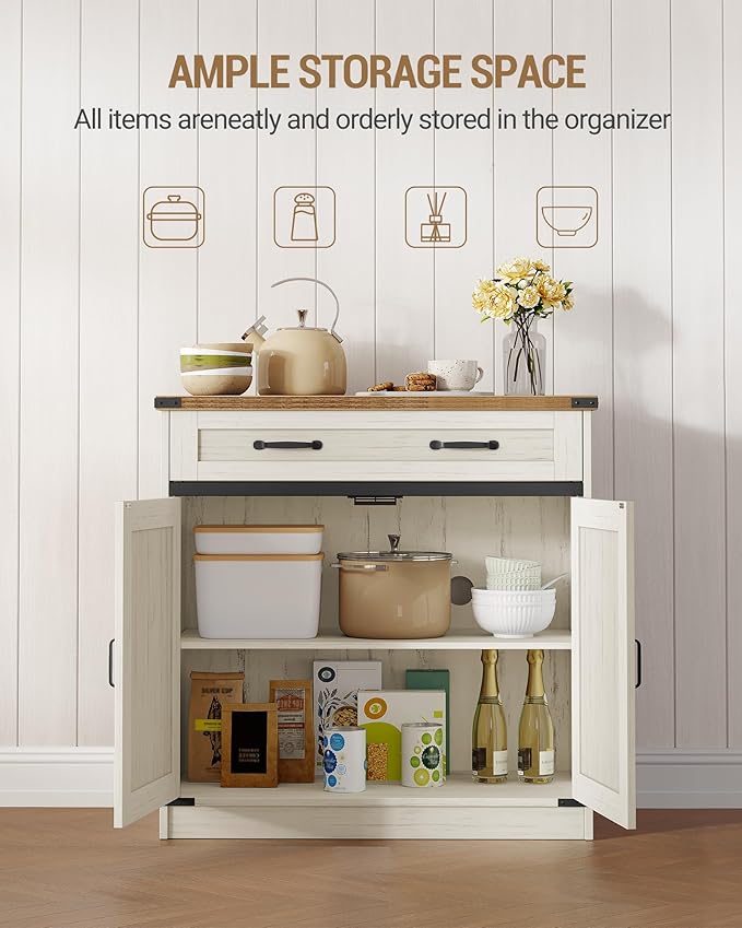 Hzuaneri Kitchen Storage Cabinet, Buffet Cabinet with Storage, Modern Farmhouse Sideboard Cabinets with Drawer, 31.5" Coffee Bar Cabinets with Doors & Adjustable Shelves, for Kitchen, White Brown