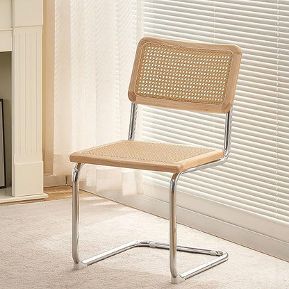 2/4 Pack Faux Leather Dining Chairs, Mid-Century Modern Kitchen Side Chairs with Rattan Back and Non-Slip Metal Legs, Upholstered Armless Chair for Dining Kitchen Island(Set of 2, Natural A)