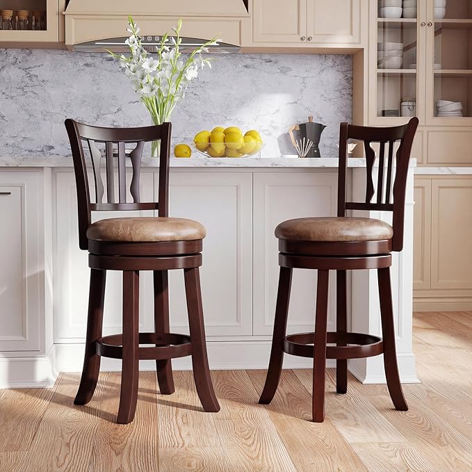 Giantex Swivel Bar Stools Set of 2, 26" Upholstered Counter Height Bar Chairs with Back, Faux Leather Seat, Solid Rubber Frame & Wrap-Around Footrest, Wooden Barstools for Kitchen Island, Pub