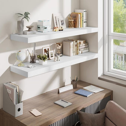Fun Memories 48 Inch Floating Shelves for Wall - 12 Inch Deep Fireplace Mantel Shelf - Wood Floating Shelf for Wall - Large Storage Shelves Wall Mount for Living Room & Bedroom - White - Set of 2