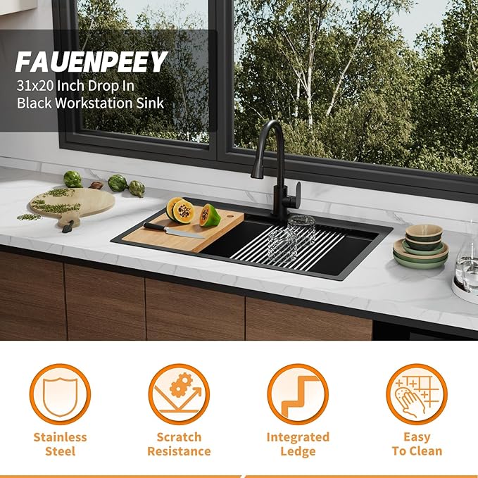 Black 31x20In Kitchen Sink Workstation-Stainless Steel Drop In Single Bowl Built-in Ledge Topmount Workstation Sink For Placing/Sliding Accessory-Cutting Board,Drying Rack,Convenient And Functional