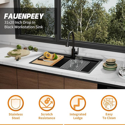Black 31x20In Kitchen Sink Workstation-Stainless Steel Drop In Single Bowl Built-in Ledge Topmount Workstation Sink For Placing/Sliding Accessory-Cutting Board,Drying Rack,Convenient And Functional