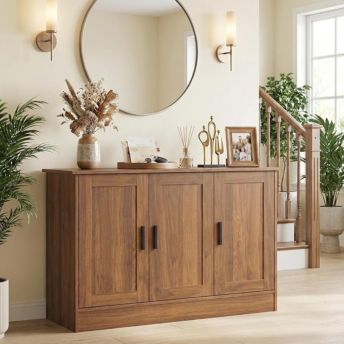 Anystyle 43" Rustic Brown Buffet Cabinet with Black Handles, Small Kitchen Sideboard with 3 Doors & Adjustable Shelves, Industrial Entryway Credenza & TV Console Table for Living Room, Dining Room