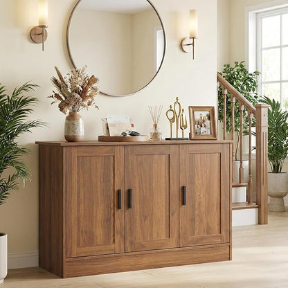 Anystyle 43" Rustic Brown Buffet Cabinet with Black Handles, Small Kitchen Sideboard with 3 Doors & Adjustable Shelves, Industrial Entryway Credenza & TV Console Table for Living Room, Dining Room