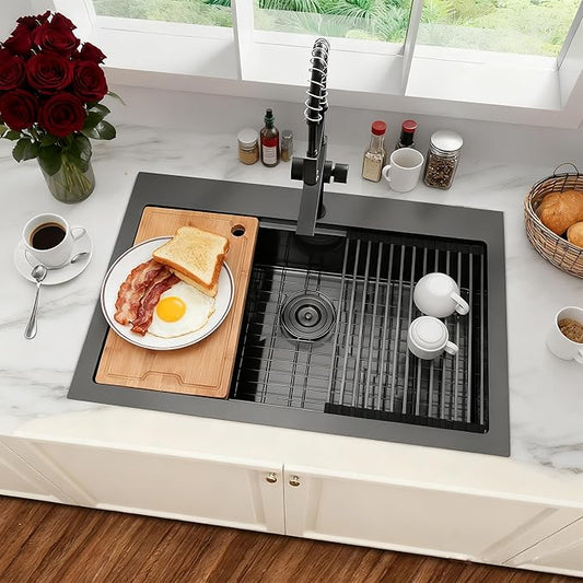 Kitsitchen Black Drop In Kitchen Sink 33x22, 16 Gauge T-304S Stainless Steel Top-Mount Workstaion Sink, 33" x 22" x " Large and Deep Single Bowl Kitchen Sinks with Practical Accessories