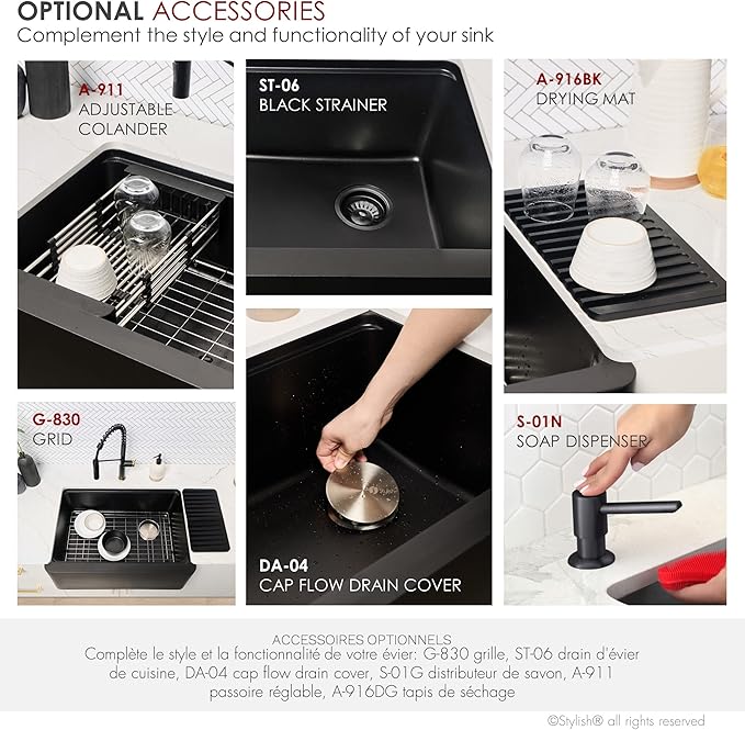 Stylish 30 x 21 Inch Farmhouse Composite Granite Apron Front Workstation Kitchen Sink, Single Bowl Undermount/Flush-Mount, 10 in Deep, with Cutting Board, Colander & Strainer, Black, S-830WN