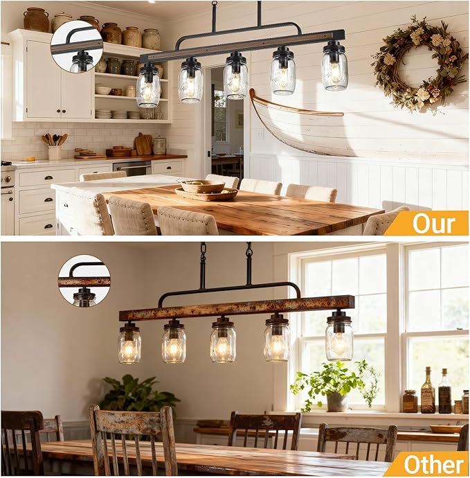 5-Light Rustic Farmhouse Dining Room Light, Black Mason Jar Chandelier Lighting Fixture for Kitchen Island, Dining Room, Cluster Hanging Pendant Light with Jar Glass Shade