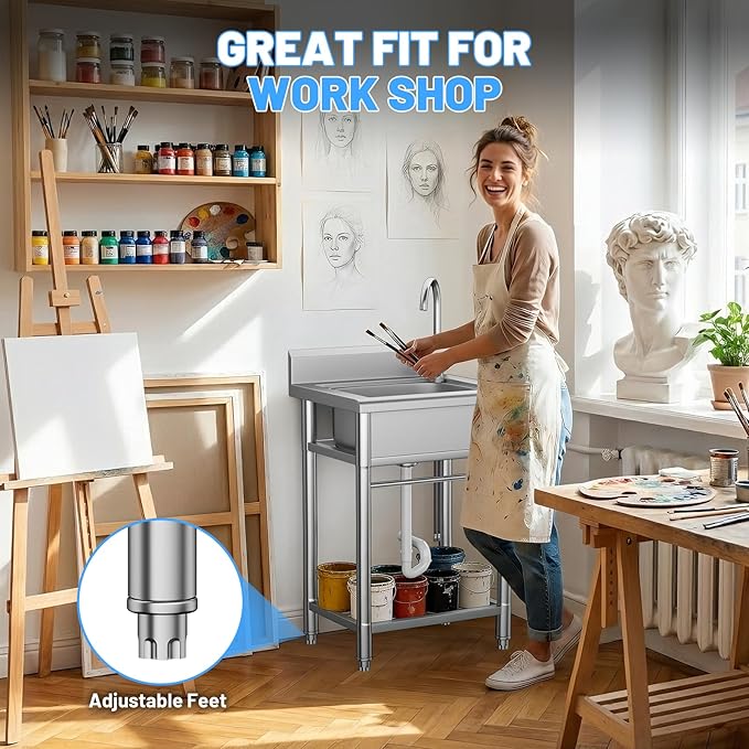 Utility Sink Free Standing Single Bowl Kitchen Sink with Cold and Hot Water Pipe Stainless Steel Sink for Garage Shop Laundry Room Farmhouse Mens Gifts Ourdoor Indoor