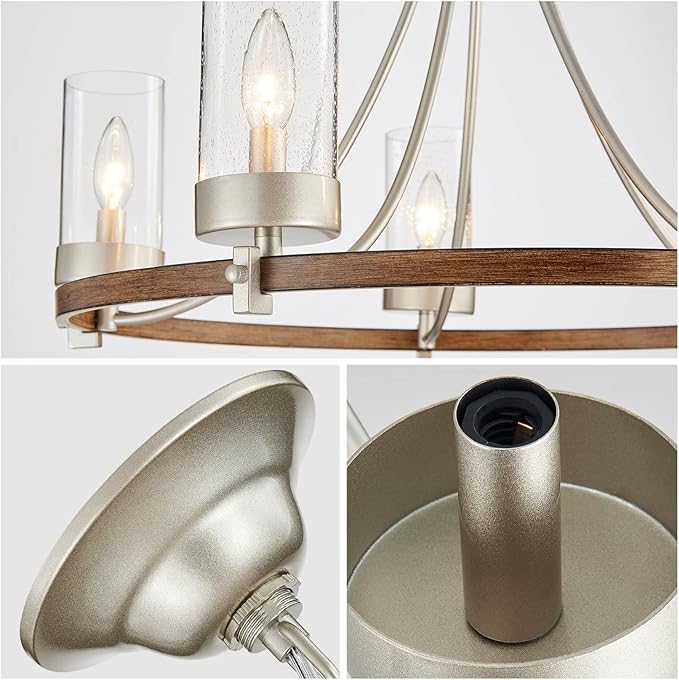 WUZUPS 5-Light Wagon Wheel Chandelier Rustic Farmhouse Industrial Round Pendant Light Fixture with Clear Seeded Glass Shades for Dining Room Kitchen Island, Imitation Wood Grain Nickel