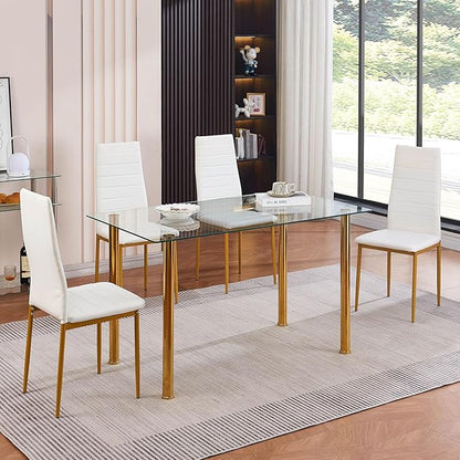 Glass Dining Table for 4, 47.2" Modern Clear Tempered Glass top Dining Room Table with Gold Legs for Kitchen, Small Space