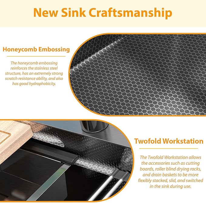 28inch Black Kitchen Sink Undermount - Feibus 28x19x10 with Double Step Workstation 16 Gauge Honeycomb Embossment Stainless Steel Single Bowl