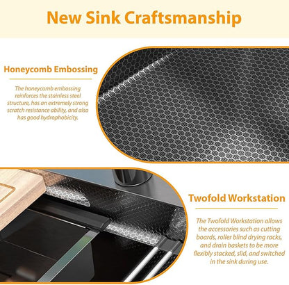 33inch Undermount Kitchen Sink Metal Black - Feibus 33x19x10 with Double Step Workstation 16 Gauge Honeycomb Embossment Stainless Steel Single Bowl