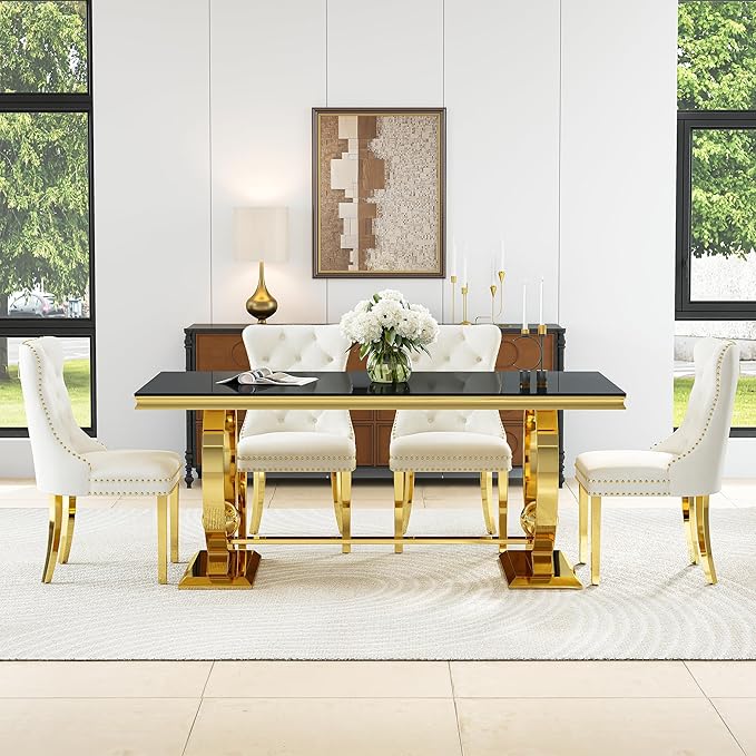 7-Piece Modern Luxury Dining Table Set, 70" Black Tempered Glass Dining Table with Gold Polished Stainless Steel U-Shaped Pedestal Base, 6 White Velvet Upholstered Chairs, for Dining Room, Office