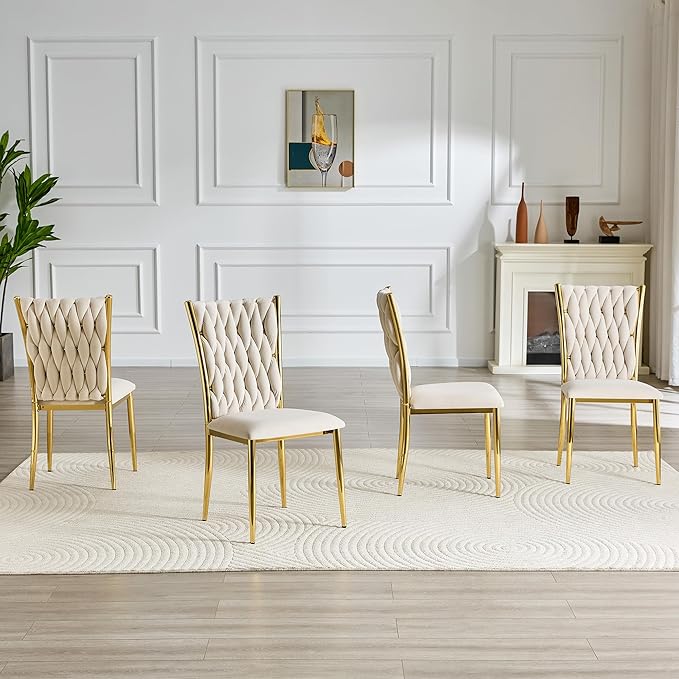 Upholstered Dining Chairs Set of 4, Hand-Woven Back Kitchen Chair, Luxury Gold Dining Chairs,Velvet Upholstery with Metal Legs, Modern Velvet Chair for Dining Room、Kitchen、Restaurant