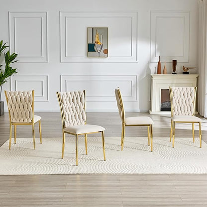 Upholstered Dining Chairs Set of 4, Hand-Woven Back Kitchen Chair, Luxury Gold Dining Chairs,Velvet Upholstery with Metal Legs, Modern Velvet Chair for Dining Room、Kitchen、Restaurant