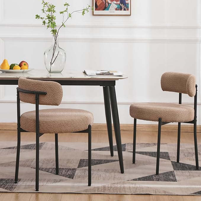 EDWELL Dining Chairs Set of 2, Round Upholstered Dining Room Chairs with Black Metal Legs, Modern Boucle Dining Chair for Dining Room, Kitchen, Living Room, Capacity 330lbs