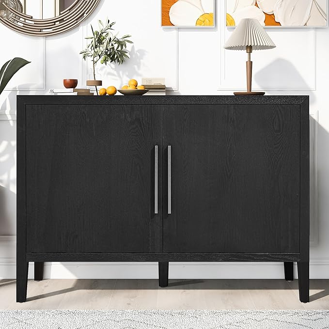 Merax Wood Farmhouse Buffet Sideboard with Metal Handles and 2 Doors, Coffee Bar Storge Cabinet Console Table for Living Room Bedroom Kitchen Hallway New Black