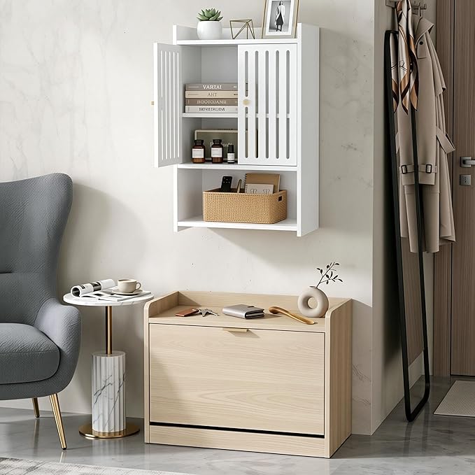 HAYOFAMY Wall Bathroom Storage Cabinet, 4-Tier Medicine Cabinet with Door, Bath Shelf Organizer for Living Room Kitchen Entryway Small Space (7.9" D x 15.7" W x 23.6" H)