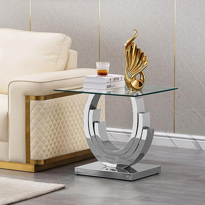 Glass Living Room Table Set of 3, Modern Glass Coffee Table with 1 Console Table & End Tables Set for Apartment, Luxury Coffee Table Sets Perfect for Living Room, Stainless Steel Frame