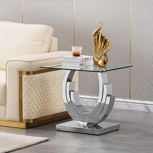 HomVent 22.83" Glass End Table, Living Room Tables, Modern Silver Tempered Glass Top Side Tables Bedroom, Square Small Bed Bedside Eating Table Nightstand for Home Office with Stainless Steel Base