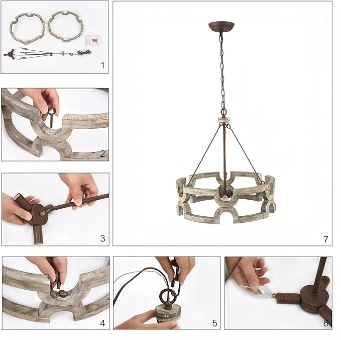 LOG BARN Farmhouse Chandelier, 3-Light Wood Drum Pendant Lights Kitchen Island, 19.5'' Rustic Chandeliers Hanging Light Fixtures for Dining Room Bedrooms Living Room Entryway Foyer