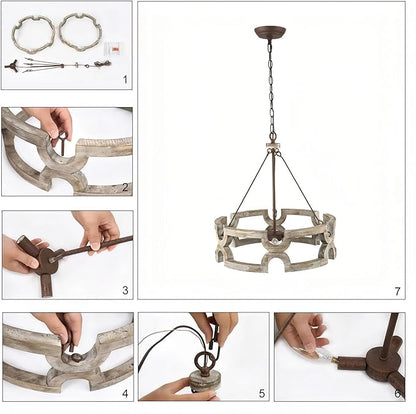 LOG BARN Farmhouse Chandelier, 3-Light Wood Drum Pendant Lights Kitchen Island, 19.5'' Rustic Chandeliers Hanging Light Fixtures for Dining Room Bedrooms Living Room Entryway Foyer