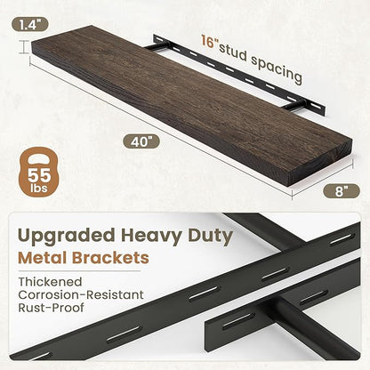 Fun Memories Solid Elm Wood Floating Shelves Set of 1-40 Inch Rustic Wall Shelves with Heavy-Duty Invisible Brackets - for Living Room, Kitchen, Bedroom, Bathroom - Walnut Finish