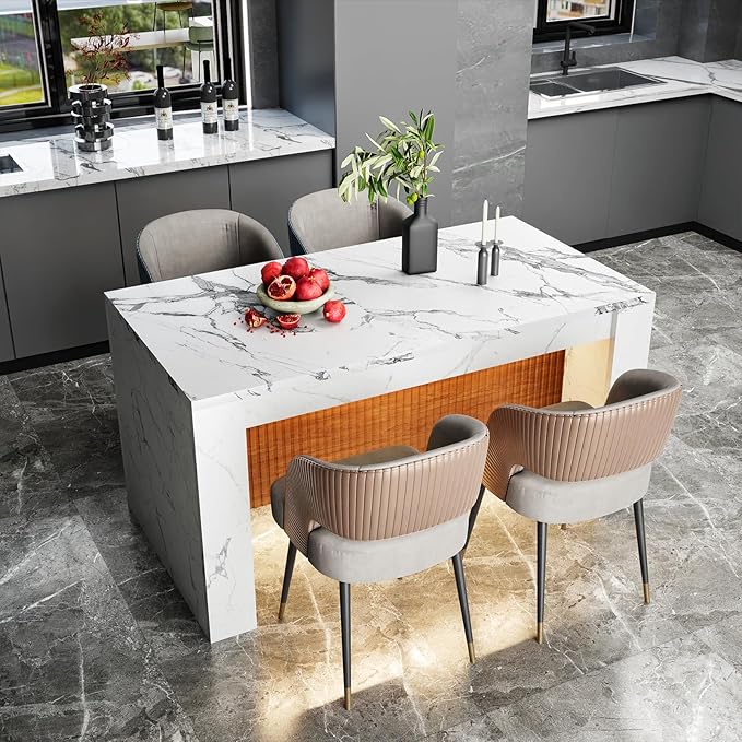 HUATOL Faux Marble Dining Table, 63” Rectangle Island Table with LED Lights for 4-6 People, Mordern Marble Stripes Kitchen Dining Table with Grille Design for Kitchen, Dining Room & Living Room