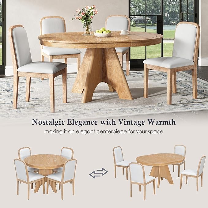 Merax Vintage Extendable Dining Table Set for 4-6 People, Rustic Farmhouse Kitchen Table with 4 Upholstered Chairs, 42 to 58 Inch Drop-Leaf Table with Distressed Finish, Natural Wood Wash