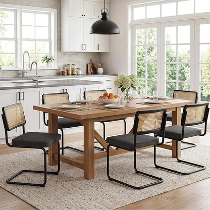 Zesthouse Rattan Dining Chairs Set of 6, Mid Century Modern Dining Room Chairs with Natural Cane Mesh & Black Matte Base, Dark Grey Cesca Chair, Linen Fabric Kitchen Chair with Solid Wood Frame Back