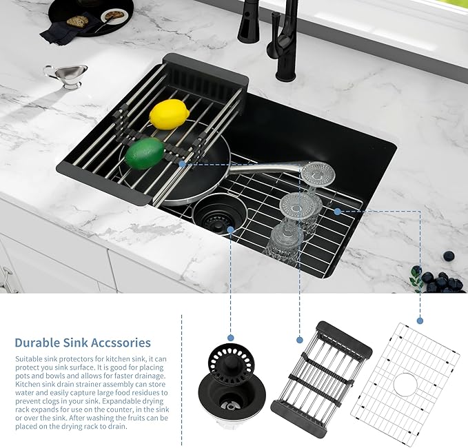 Black Kitchen Sink, Matte Black Granite Composite Kitchen Sink, 27 Inch Undermount Quartz Stone Kitchen Sinks, 27" x 18" x 9" Single Bowl Kitchen Sinks With Accessories