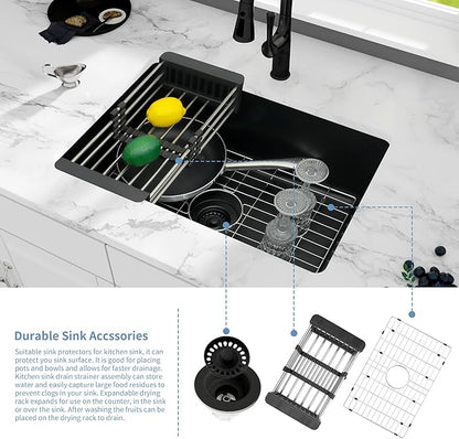 Black Kitchen Sink, Matte Black Granite Composite Kitchen Sink, 27 Inch Undermount Quartz Stone Kitchen Sinks, 27" x 18" x 9" Single Bowl Kitchen Sinks With Accessories