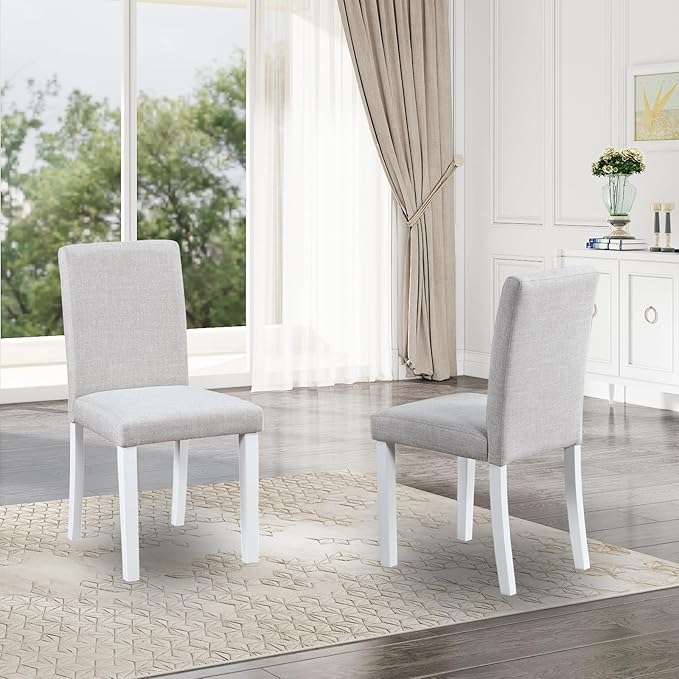 Ball & Cast Upholstered Dining-Room Chairs Set of 4, Kitchen Island Chair with Linen Padded Seat & White Wood Legs, 4pcs Modern Armless Side-Chair for Dining, Gray