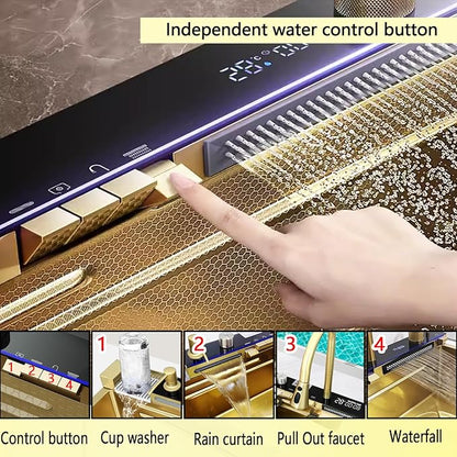 Sinks Countertop or Embedded Single Bowl Stainless Steel Kitchen Sink with Drain basket, cutting board, vegetable sink, multi-function pull-out faucet set (Gold, 31.5x18x9 In)