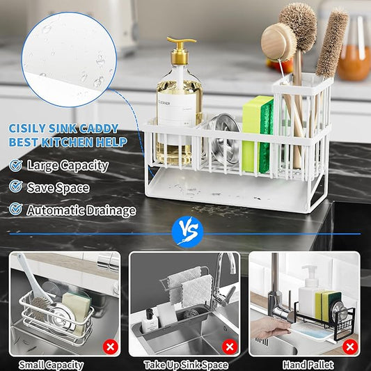 Cisily Sink Caddy Sponge Holder - Stainless Steel Rustproof, High Brush Holder, Dish Sponge Organizer with Divider (White)