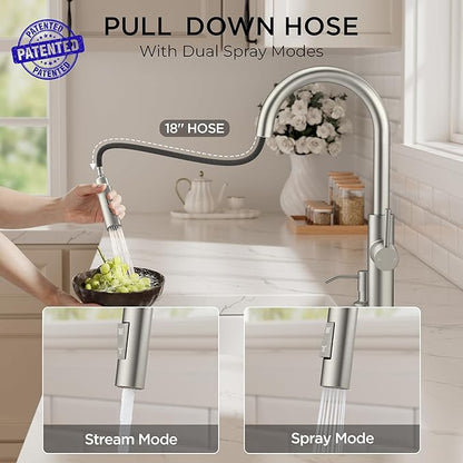 FORIOUS Kitchen Faucet with Pull Down Sprayer, Classic Brushed Nickel, Single Handle High Arc Stainless Steel Kitchen Sink Faucet, 1 or 3 Hole Deck Mount for RV, Bar, Farmhouse, Laundry, Outdoor