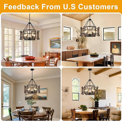 20" Dining Room Light Fixture/Chandelier Over Table, 5-Light Black & Wood Grain Farmhouse Chandeliers for Dining Room, Industrial Metal Hanging Pendant Lights Fixture for Kitchen Island Foyer Entryway