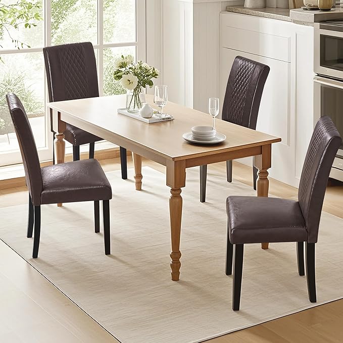 VECELO Dining Chairs Set of 2, Upholstered PU Leather Wood Legs High Back for Kitchen Living Room, Coffee